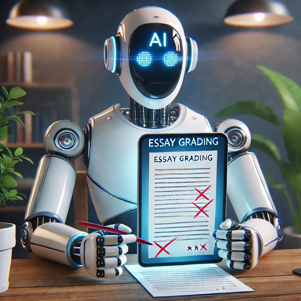 Dall·e 2025 03 02 16.54.34 A Futuristic Ai Robot Sitting On A Wooden Bench Holding A Tablet That Displays An Essay Being Graded With Comments And Scores. The Scene Is Well Lit