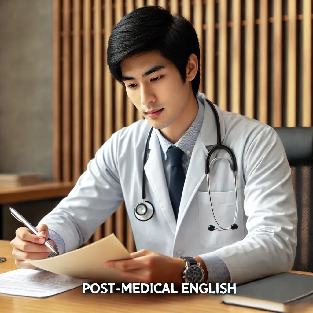 Dall·e 2025 03 04 08.38.24 A Young Male Doctor With Black Hair Wearing A White Coat And A Stethoscope Sitting At A Wooden Desk In A Professional Office Setting. He Is Reviewin