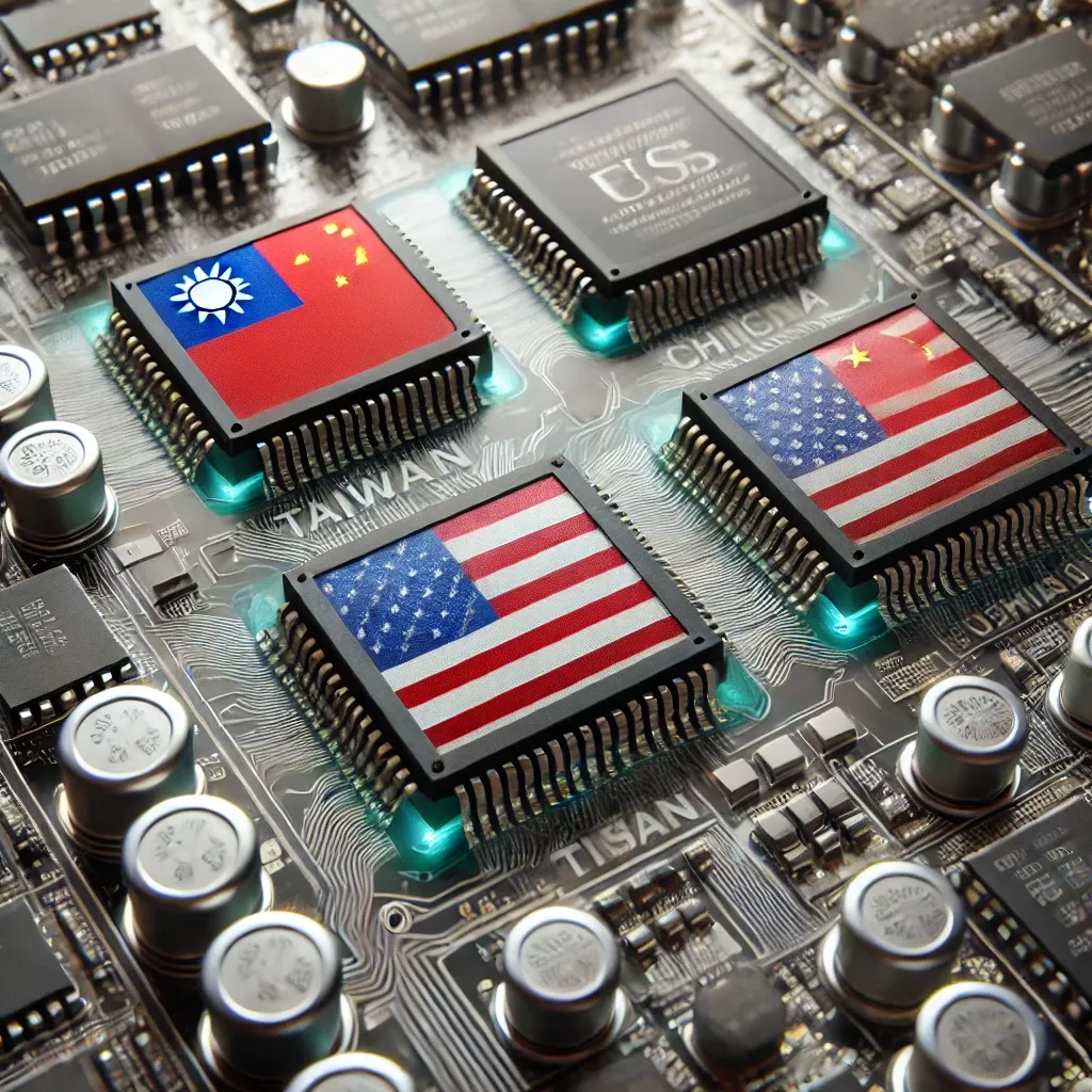 Dall·e 2025 03 09 10.12.02 A High Tech Printed Circuit Board Pcb With Semiconductor Chips Labeled With The Flags Of Taiwan China And The United States. The Taiwanese Flag Ch